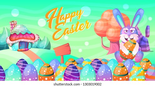 Happy Easter! Easter bunny and egg in field. - Vector