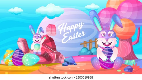 Happy Easter! Easter bunny and egg in field. - Vector