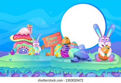 Happy Easter! Easter bunny and egg in field. - Vector