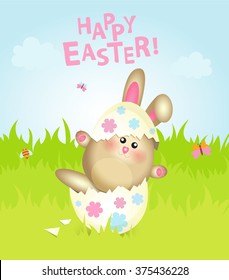 Happy Easter! Easter bunny and egg in field. Wide copy space for text.