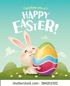 Happy Easter! Easter bunny and egg in field. Wide copy space for text.
