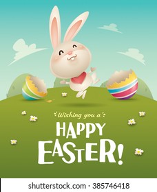 Happy Easter! Easter bunny and egg in field. Wide copy space for text.