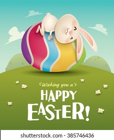 Happy Easter! Easter bunny and egg in field. Wide copy space for text.