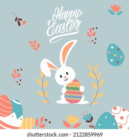 Happy Easter with bunny, egg and floral decoration background