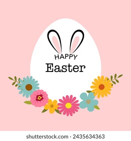 Happy Easter. Bunny, egg and flowers. Modern style design, pastel colors.