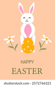 Happy easter bunny with egg and flowers poster design for festive celebration.