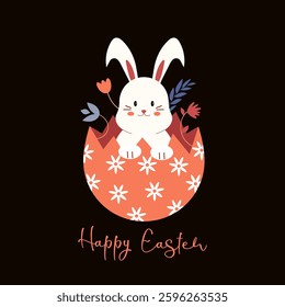 Happy Easter. Easter bunny in egg with flowers. Greeting card, poster, banner. Vector illustration