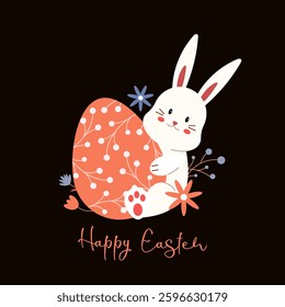 Happy Easter. Easter bunny with egg with flowers. Greeting card, poster, banner. Vector illustration