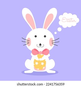Happy easter with bunny and easter egg greeting card. Cute rabbit background. Vector illustration.