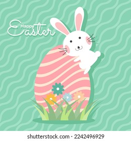 Happy easter with bunny and easter egg greeting card. Cute rabbit background. Vector illustration.