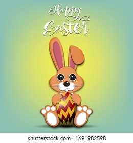 Feliz Pascua. Conejo de Pascua y huevo. Plantilla de diseño del logotipo de Pascua. Gracioso conejo y huevo en un fondo aislado. Patrón para tarjeta de felicitación, banner, afiche, banner, anuncio, invitación. Ilustración del vector
