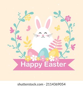 Happy Easter bunny egg. Rabbit sits surrounded by colorful Easter eggs and plants. Greeting poster or banner, design for invitation card or cover for childrens. Cartoon flat vector illustration