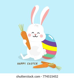 Happy Easter bunny with egg. White rabbit vector