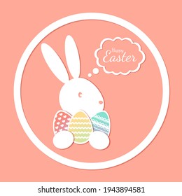 Feliz Pascua, huevos de conejito de Pascua, pancarta con texto en papel cortado. Ilustración de material vectorial. 