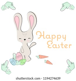 Happy Easter. Bunny, easter eggs and carrots with greeting text in floral frame. Kid style hand drawn vector illustration for greeting/invitation card, design and other purpos