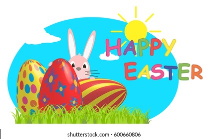 Happy Easter. Easter bunny and eggs in field