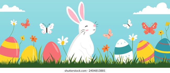 Happy easter. Bunny, Easter eggs, flowers, green grass and butterflies in flat design. Easter vector illustration for postcard, banner, poster, cover or print.