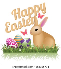 Happy Easter bunny and eggs in the grass isolated. EPS 10 vector, grouped for easy editing. No open shapes or paths.