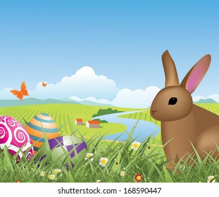 Happy Easter bunny and eggs in the grass with spring farm background. EPS 10 vector, grouped for easy editing. No open shapes or paths.