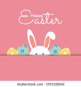 Happy easter with bunny and easter eggs greeting card. Easter day background. Vector illustration.