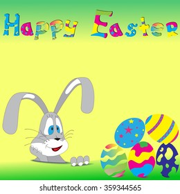 Happy Easter bunny with Easter eggs. Easter greeting card template