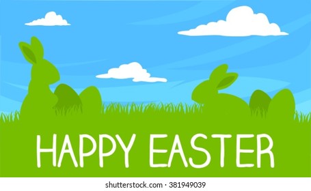 Happy Easter Bunny And Eggs Greeting Card Vector With Blue Sky