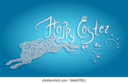 Happy Easter with Easter Bunny, Easter eggs, hearts, flowers, decorative ornament. Hand drawn Vector illustration.