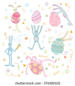 Happy Easter Bunny, Easter eggs, hearts, flowers, decorative ornament, speach bubbles. Hand drawn Vector illustration.