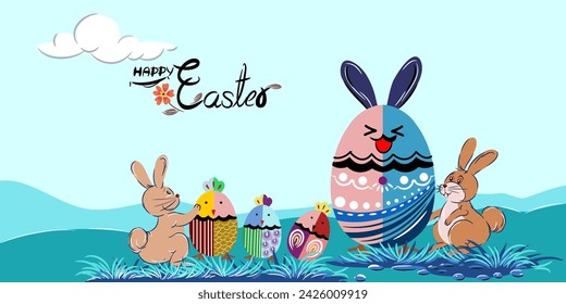 Happy Easter with Easter bunny and eggs illustration design.