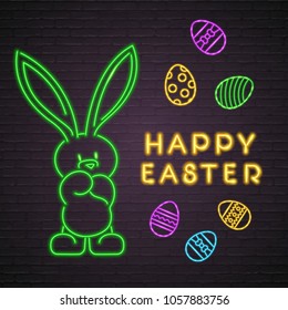 Happy Easter Bunny and Eggs Neon Light Glowing Illustration with Dark Background