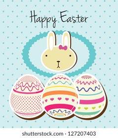Happy Easter bunny and eggs on blue background. Vector Illustration
