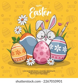 Happy Easter With Bunny And Eggs On Yellow Background. Cute Cartoon Illustration