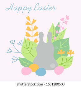 Happy Easter. Easter Bunny and eggs, plants and flowers . Hand-drawn vector illustration.
