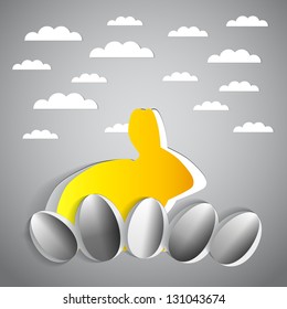 Happy Easter with a bunny and eggs - sticker on a gray background