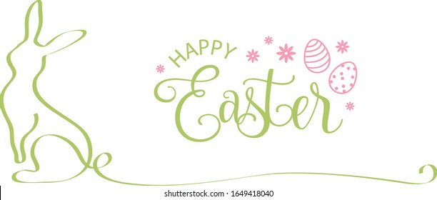 Happy easter bunny with easter eggs and text calligraphy banner isolated