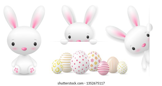 Happy easter bunny and easter eggs vector set isolated