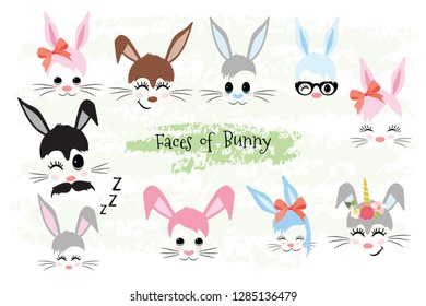 Happy Easter Bunny face Clipart brown, gray, blue, pink, purple, violet bunny animal hipster Unicorn Little Mister Miss. Easter gift