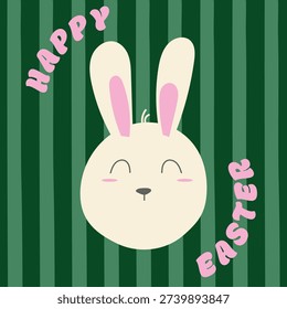 Happy Easter Bunny Face – Cute Minimal Vector Illustration with Green Striped Background