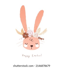 Happy easter bunny face with flowers. Hand drawn illustration with rabbit head in cartoon style. Vector