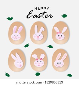 Happy Easter with bunny face on egg and leaf,vector illustration paper art style.