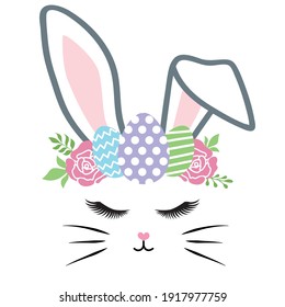 Happy Easter bunny face vector design with eggs wreath. Easter illustration for baby girl. Vector illustration greeting card templates with bunny 