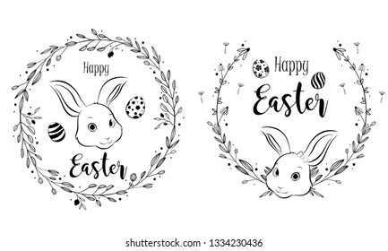 Happy Easter bunny with floral wreath frame, hand drawing style. Vector Illustration