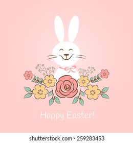 Happy easter bunny with flowers