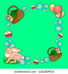 Happy easter. Easter bunny, flowers, busket and easter coloured eggs on freen background. Vector.