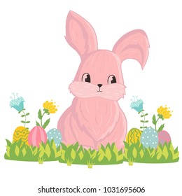 Happy Easter bunny flowers and eggs in the grass isolated