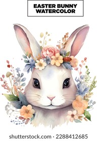 Happy Easter Bunny, flowers, watercolor, vector