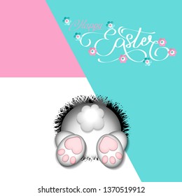 Happy Easter with Bunny foot and tail. Rabbit in hole cartoon celebration greeting card. Vector