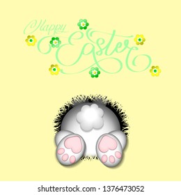 Happy Easter with Bunny foot and tail. Rabbit in hole cartoon celebration greeting card. Vector