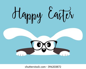 Happy Easter bunny with glasses on blue background. Isolated on white