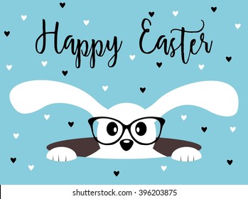 Happy Easter bunny with glasses on heart patterned background. Isolated on white